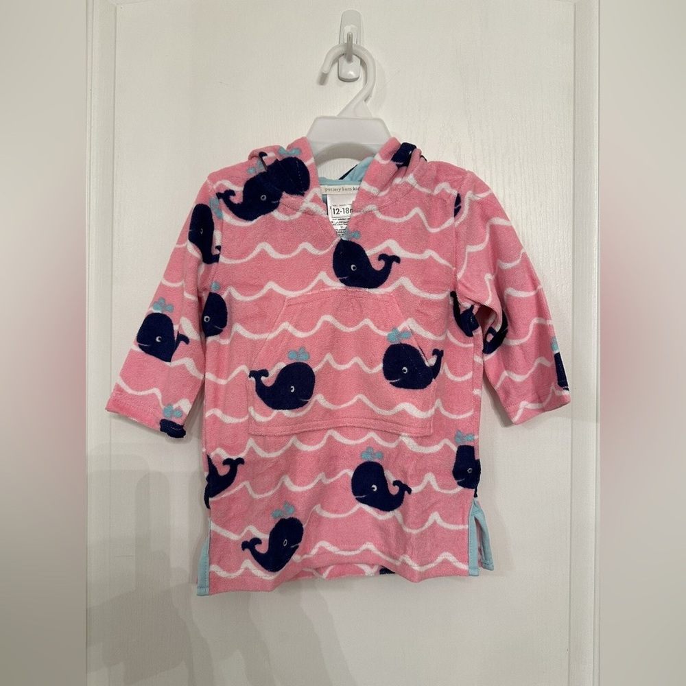 Pottery Barn Baby Pink Terry Blue Whales Beach Bath Hooded Cover Up 12-18M